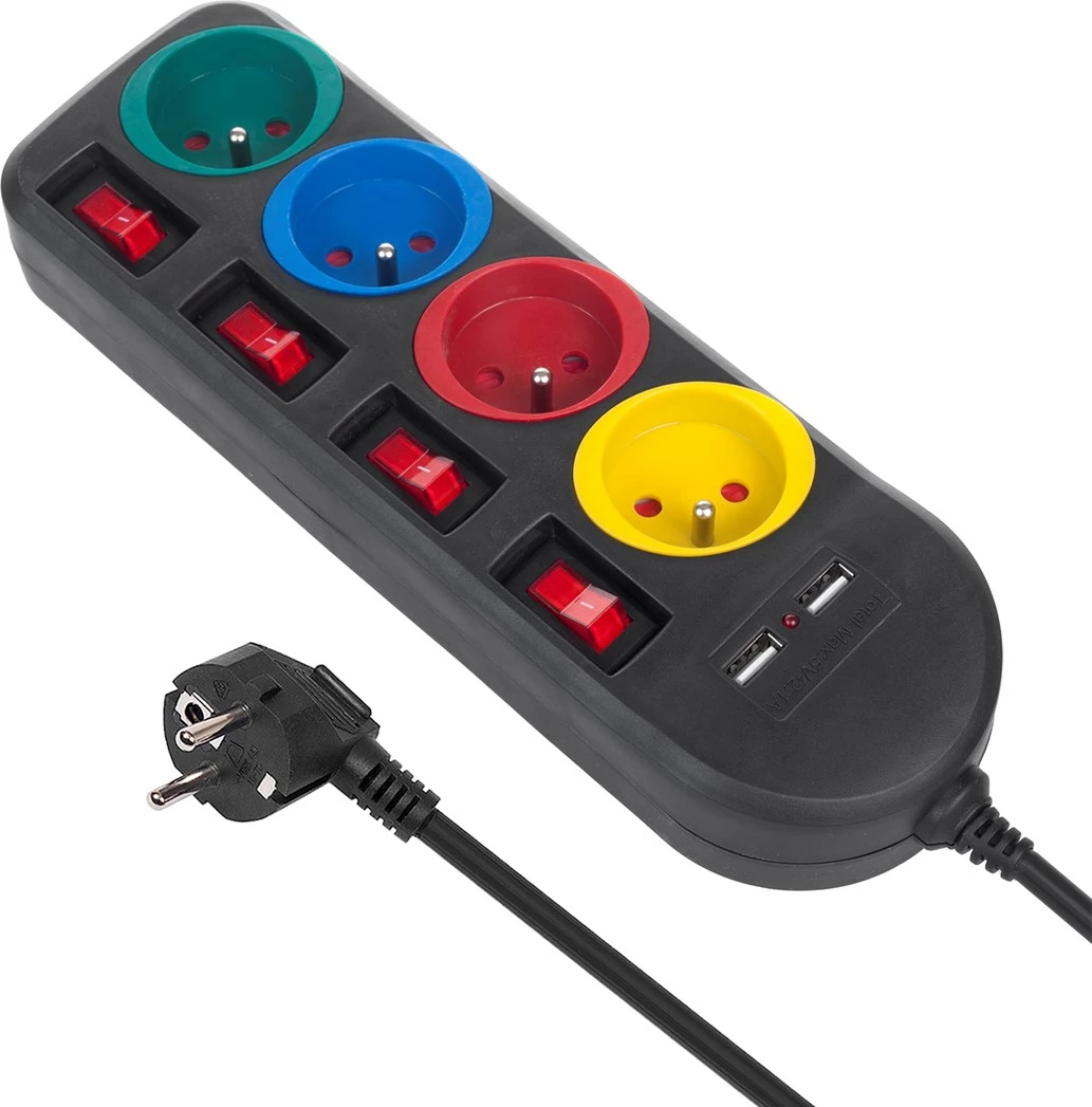 Shtrirës Maclean MCE229 B, 4 prizë + 2xUSB, 250VAC/10A, 1.5m, zi