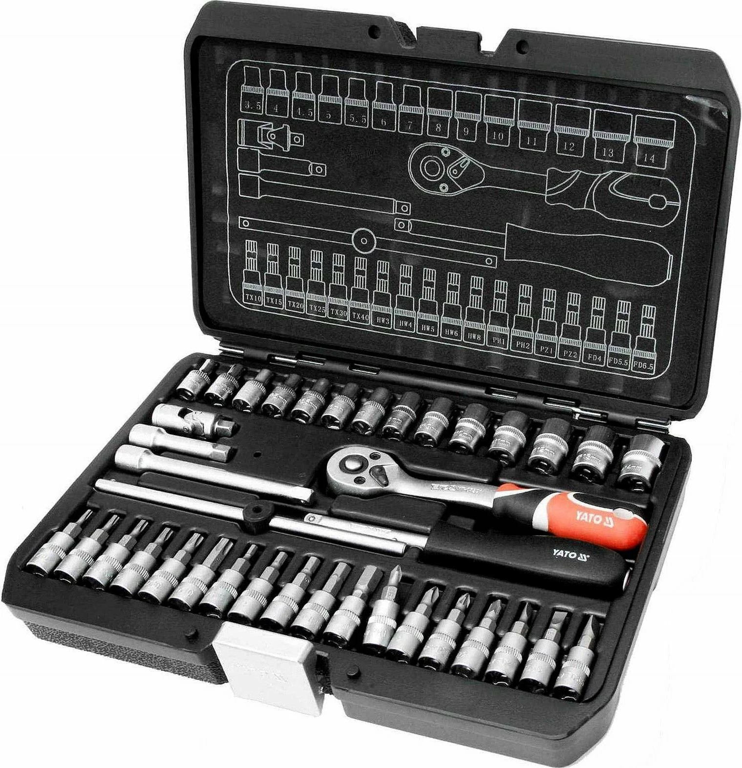 Set veglash Yato YT-14471 38 copë, në kasetë plastike, e zezë/kuqe