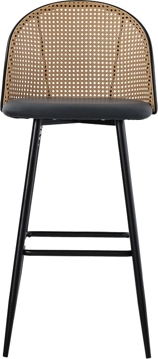 Karrige për bar Kace, pe rattan natyral, pu gri e errët, metal i zi, 43x55x102cm (set prej 2 copash)