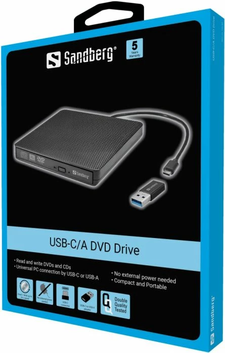 DVD drive i jashtëm Sandberg 136-62, USB-C/A, me adapter USB-A në USB-C, i zi
