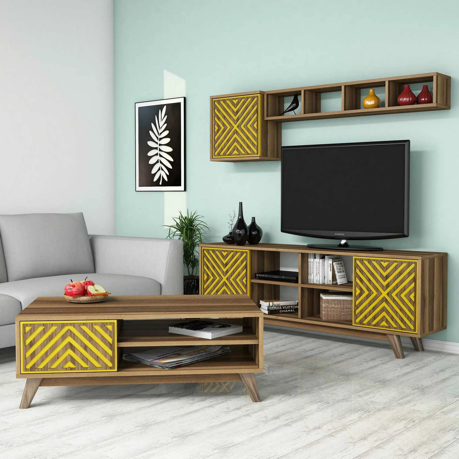 Set mobiljesh për dhomë dite Skye Decor, ngjyrë arre, e verdhë