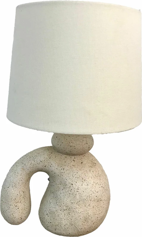 Abazhur tavoline, polirezine e bardhë, material stof bezhë, 23.5x22x36.5cm