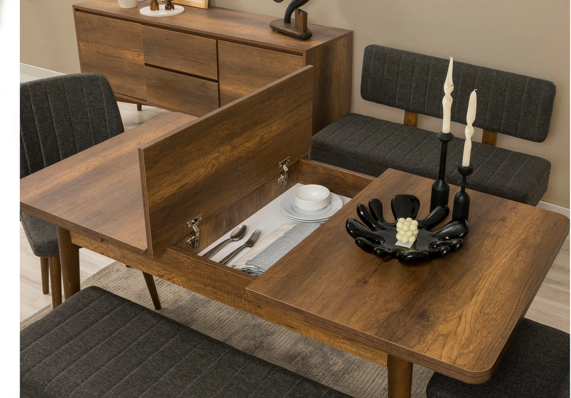 Set tavoline e zgjatshme me karrige, bankë dhe konsol Skye Decor, Vina Bench 04 1053, ngjyrë arre, antracit, 6 pjesë