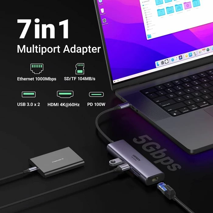 Hub USB-C UGREEN 60515 7-në-1 HDMI 4K@60Hz RJ45 SD/TF 2x USB 3.0 PD 100W, gri