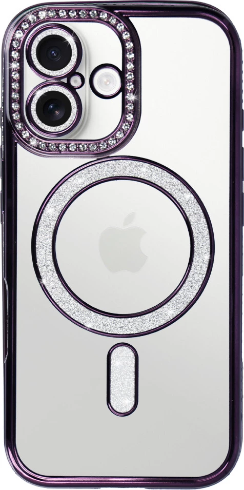 Mbështjellës silikoni ONASI MagSafe për iPhone 17, luks, transparent vjollcë me glitter