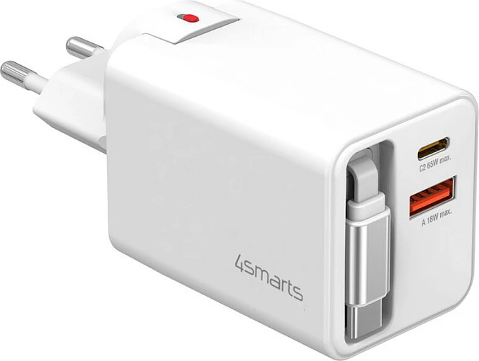 Karikues universal 4smarts 541065, 65W, 3 porta, USB-C, kabllo 0.7m, i bardhë