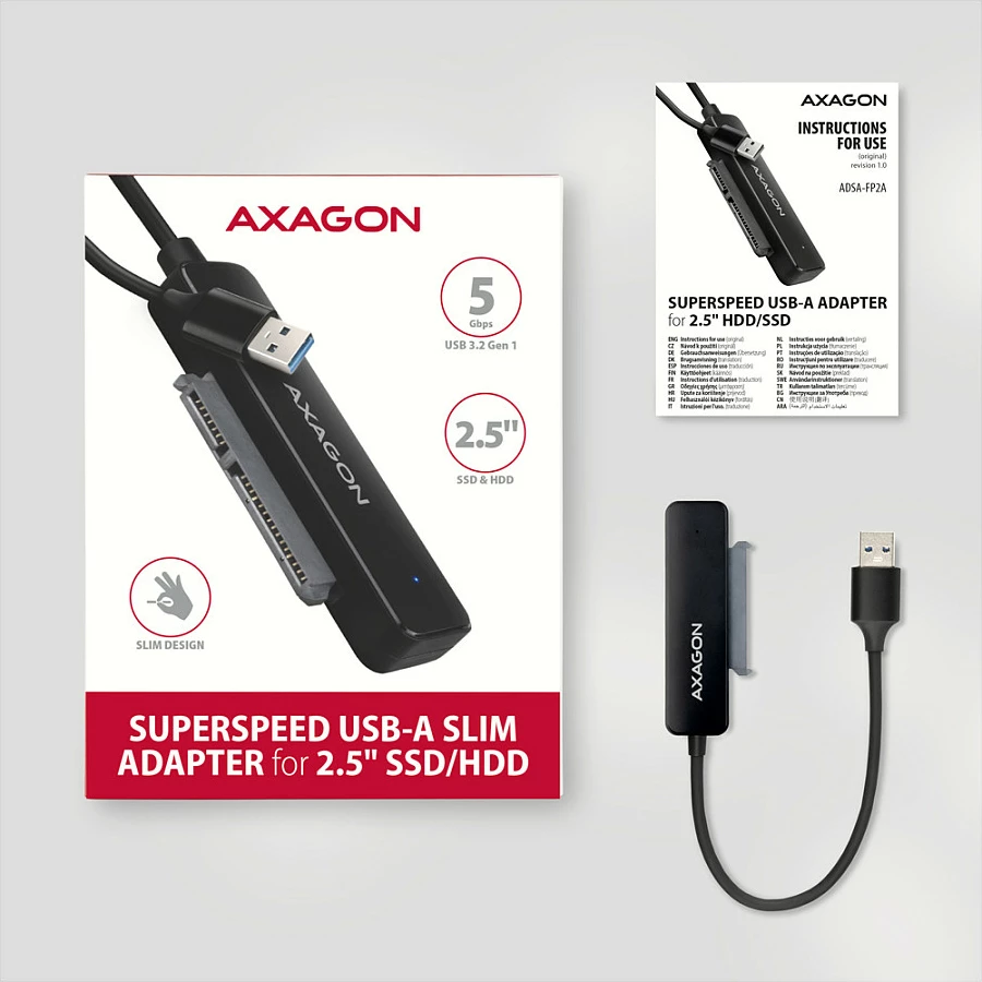Adapter USB në SATA Axagon ADSA-FP2A, USB 3.2 Gen1, SATA 6G, për HDD/SSD 2.5", i zi