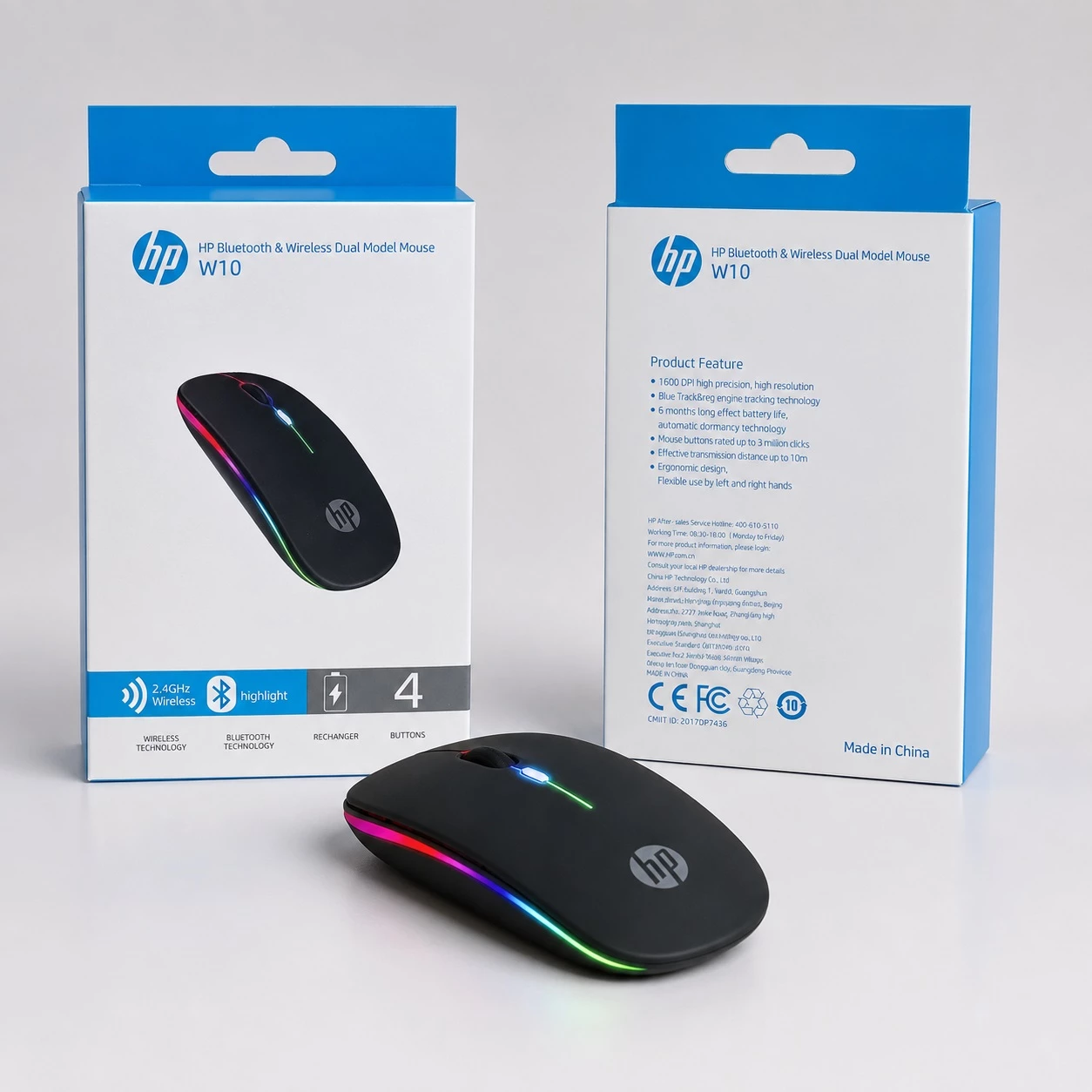 Maus Wireless HP W10 Dual-Mode Bluetooth/2.4 GHz, RGB, 1600 DPI me mbushje Type C