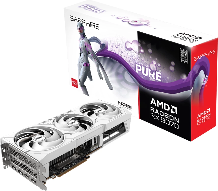 Kartelë grafike SAPPHIRE PURE AMD Radeon RX 9070 Gaming OC 16GB, 2x HDMI, 2x DisplayPort, e bardhë