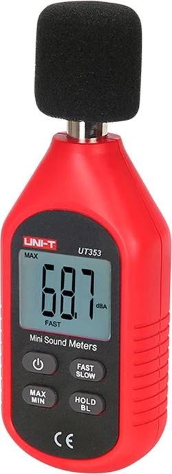 Matës niveli zhurme, UNI-T, UT353, 30-130 dB, saktësi ±1.5 dB, LCD me ndriçim, mikrofon 1/2", set me 3x AAA dhe mbrojtëse ere