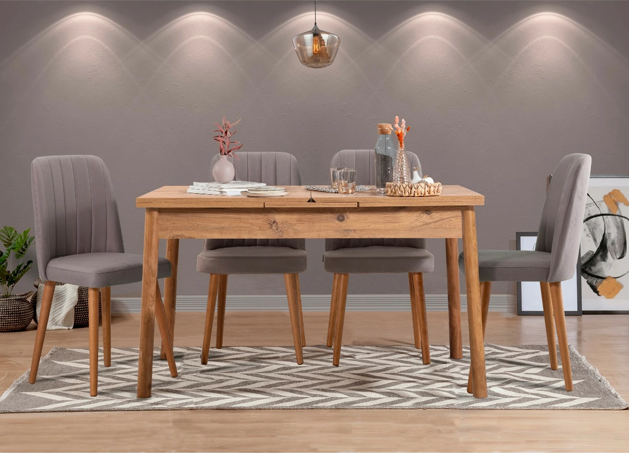 Set tavoline me karrige për ngrënie, e zgjatshme, Hanah Home, Santiago, ngjyrë gri Atlantic, 5 copë