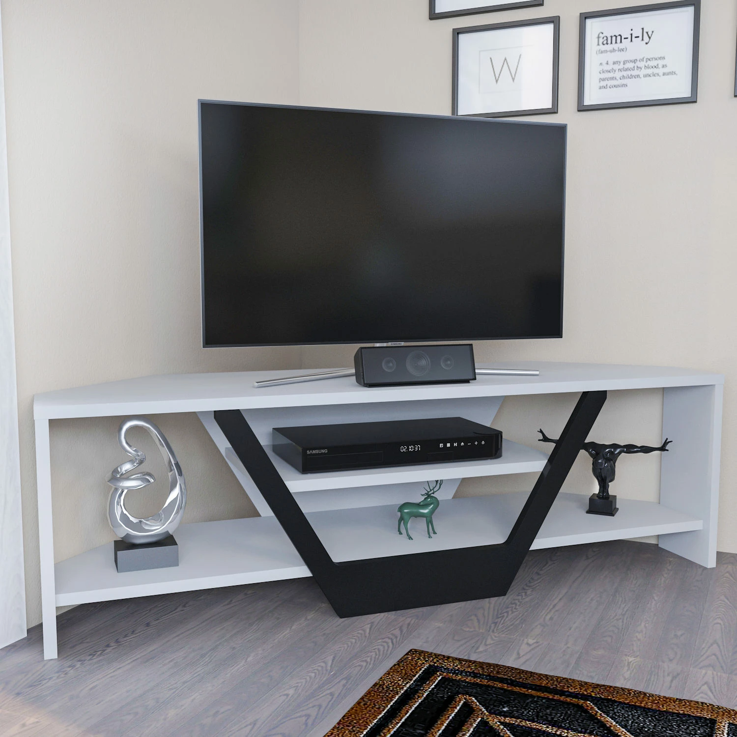 Komodë TV Hanah Home, Sares, e bardhë dhe e zezë
