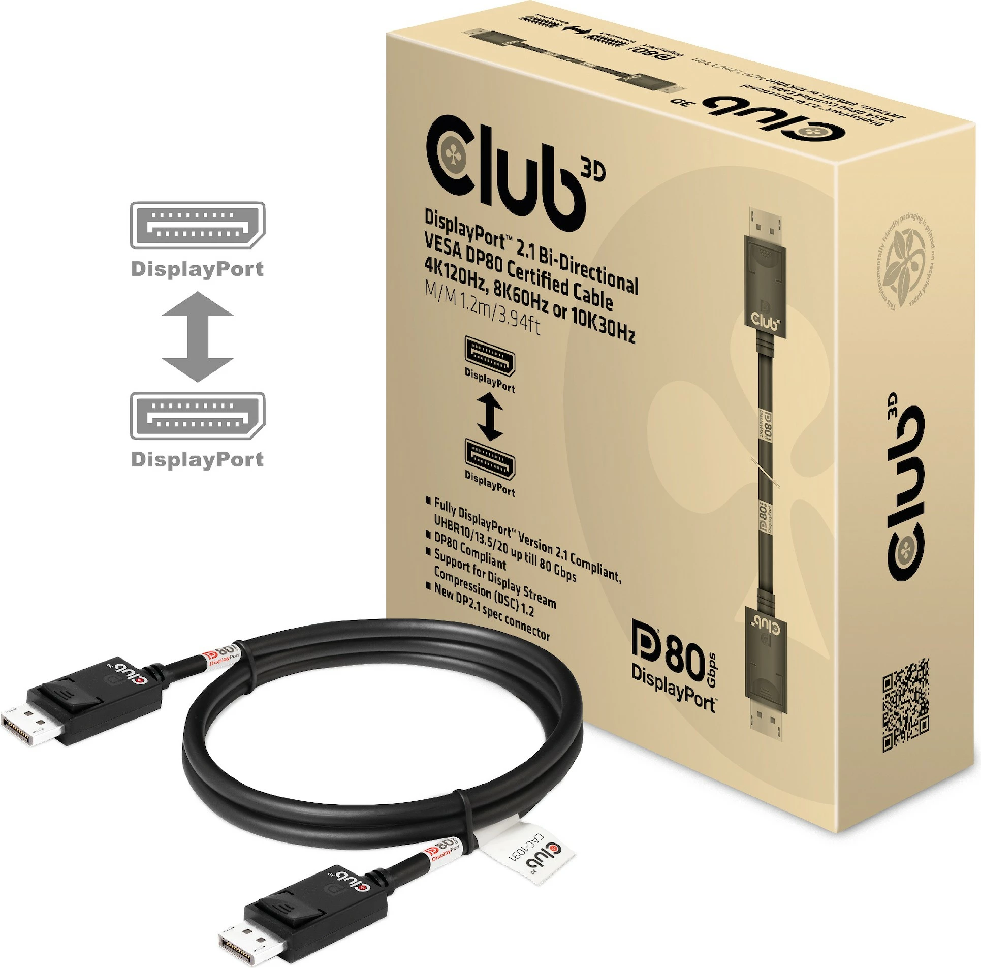 Kabllo DisplayPort Club3D DP 2.1, 1.2m, e zezë