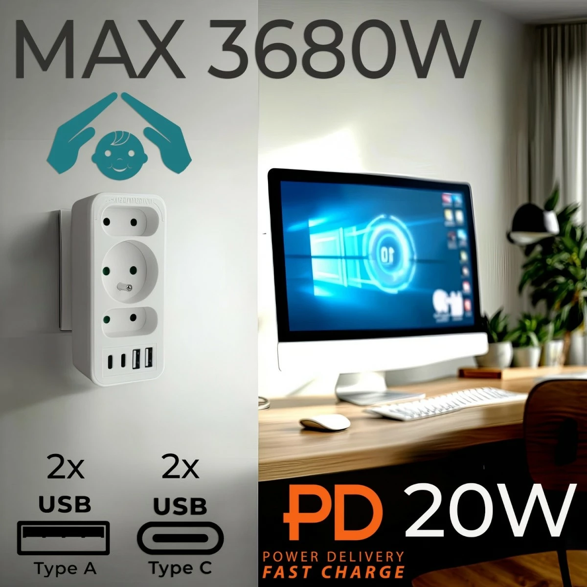 Ndarës prizash Maclean MCE248 F/W, 3 dalje (2 të sheshta + 1 me tokëzim), 2xUSB-A 18W, 2xUSB-C PD 20W, e bardhë