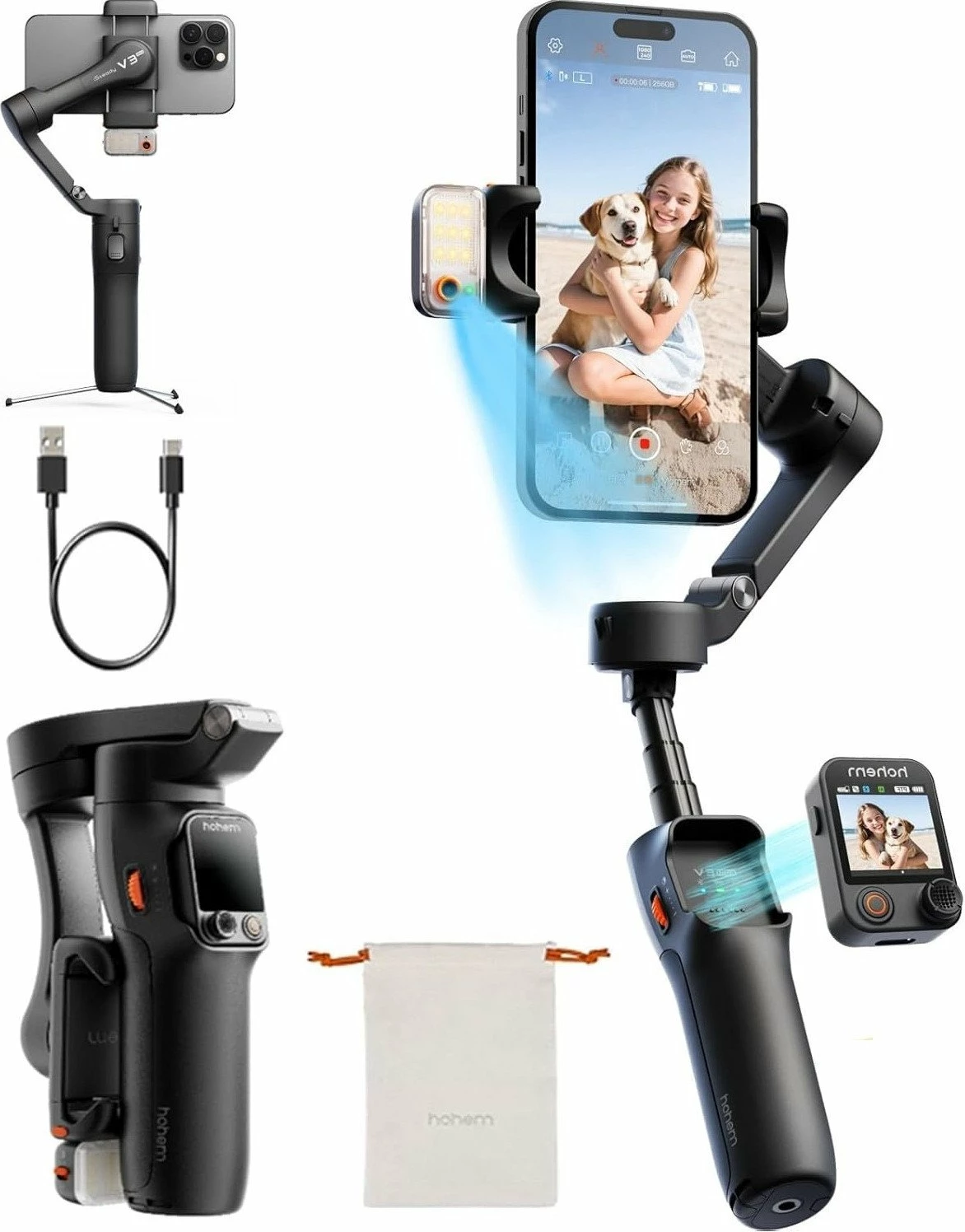 Stabilizator gimbal Hohem iSteady V3 Ultra, 3-aks, AI tracking, dritë CCT, telekomandë me touchscreen, për smartphone, i zi, set