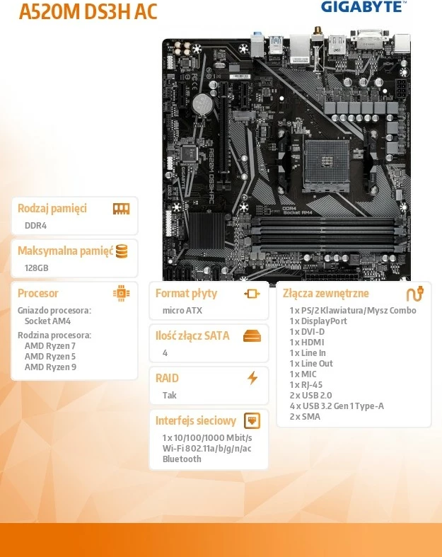 Pllakë amë, Gigabyte A520M DS3H AC, Socket AM4, chipset AMD A520, 4x DDR4, mATX, M.2, HDMI/DVI/DP, Wi‑Fi AC