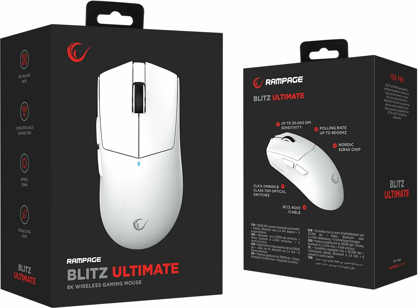 Maus Rampage Blitz Ultimate BLITZ-WHITE 30000 DPI 8000 Hz wireless/USB-C i bardhë set me receiver 8K + kabllo 1.6 m