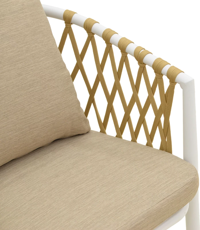 Karrige e ulët Peluxe, alumin i bardhë, litar natyral, jastëkë bezhë, 57x60x78cm