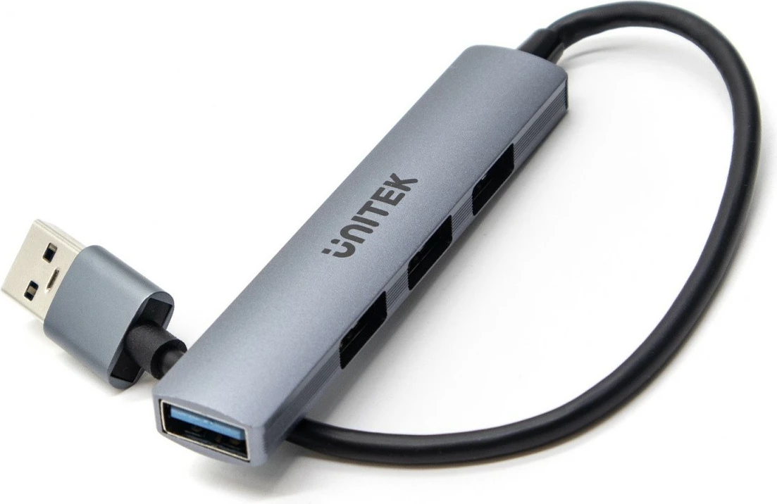 Hub USB Unitek H1208A, 4 porta USB-A (1x 5 Gbps, 3x 480 Mbps), alumini, argjendtë