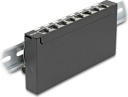 Patch panel rrjeti DeLOCK Mini Desktop, 8 porta RJ45 Cat6A i ekranizum, metal, montim DIN/mur/tavolinë, i zi