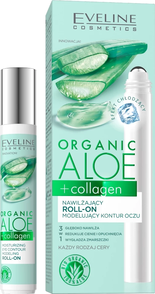 Roll-on hidratues për konturin e syve Eveline Cosmetics Organic Aloe + Collagen për femra, 15ml