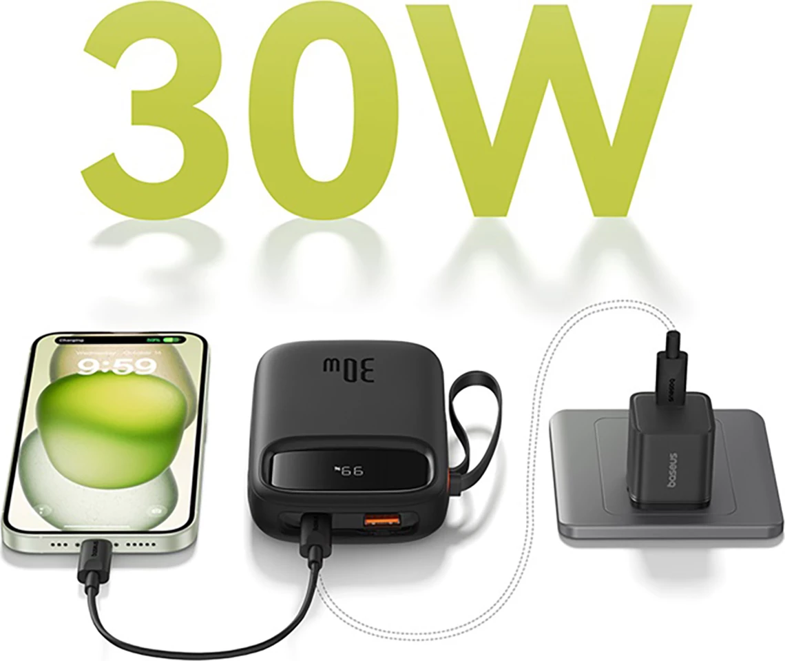 Powerbank Baseus QPow 2, 10000mAh, 30W, me kabllo USB-C të integruar, Ekran LED, e zezë
