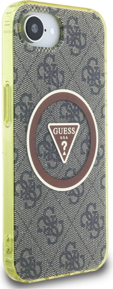 Mbështjellës Guess IML Metal Glitter 4G Circle Triangle MagSafe për iPhone 16e, Kafe