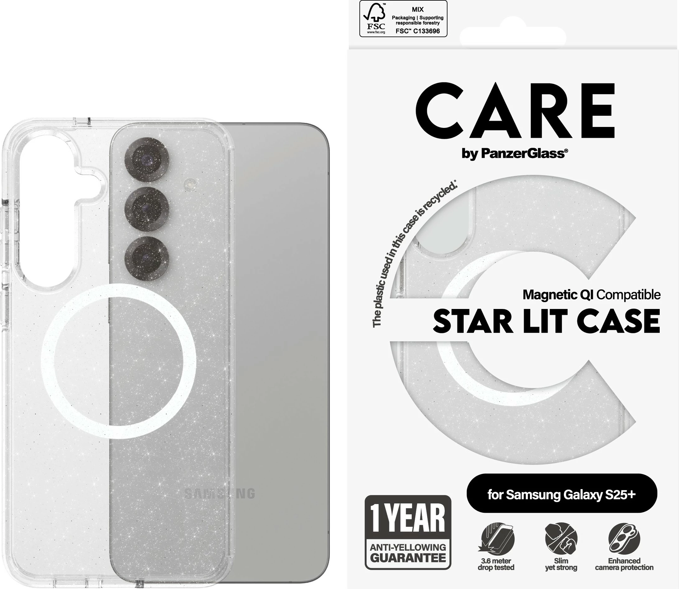 Mbështjellës PanzerGlass CARE Flagship Case Star Lit me QI të bardhë për Galaxy S25 Plus, transparent