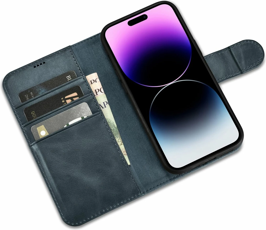 Mbështjellës iCarer Oil Wax Wallet 2in1 për iPhone 14 Pro Max, lëkurë, Anti-RFID, blu