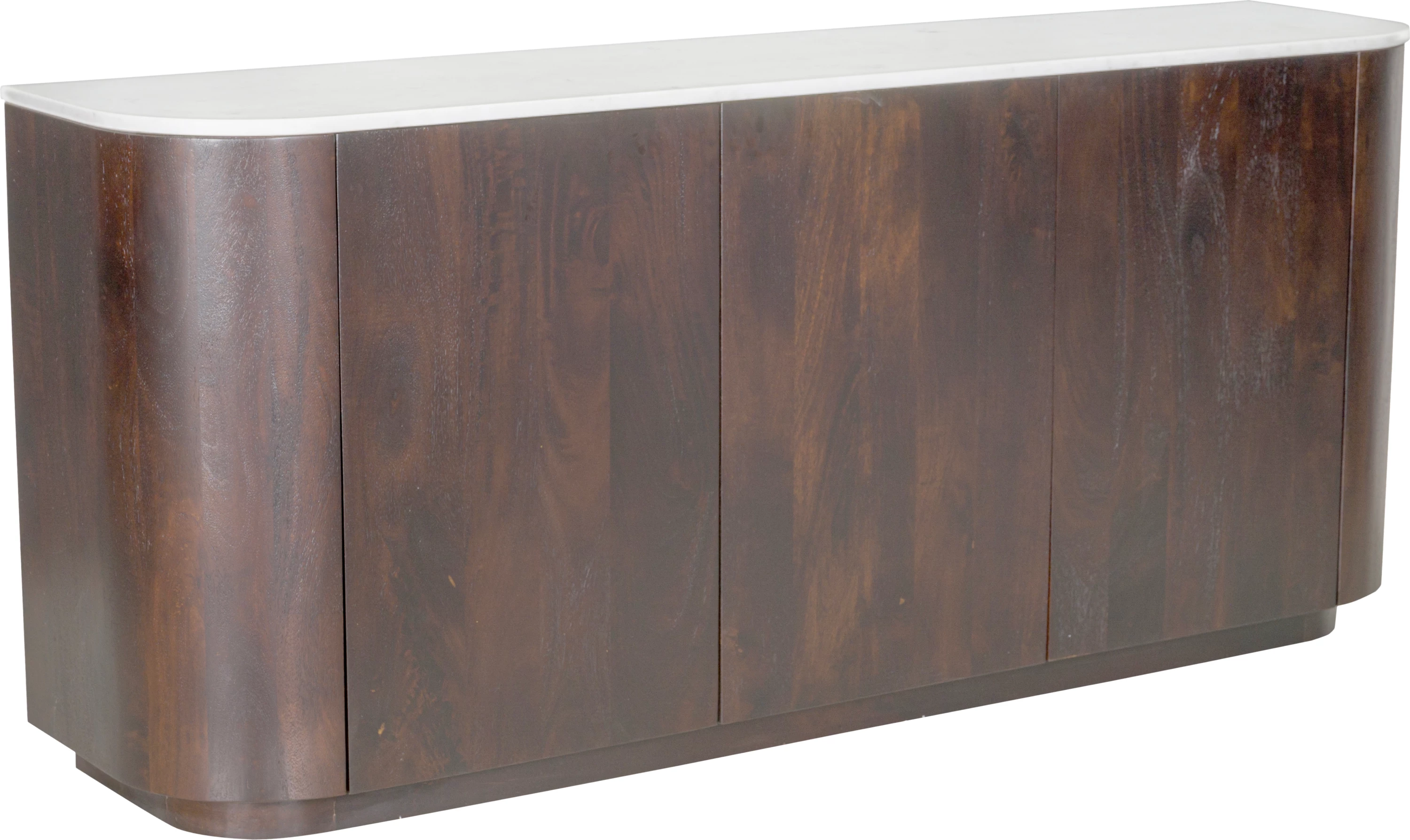 Komodë anësore Marron, 3 dyer, ngjyrë kafe e errët, e bardhë me model mermeri, 170x40x75cm