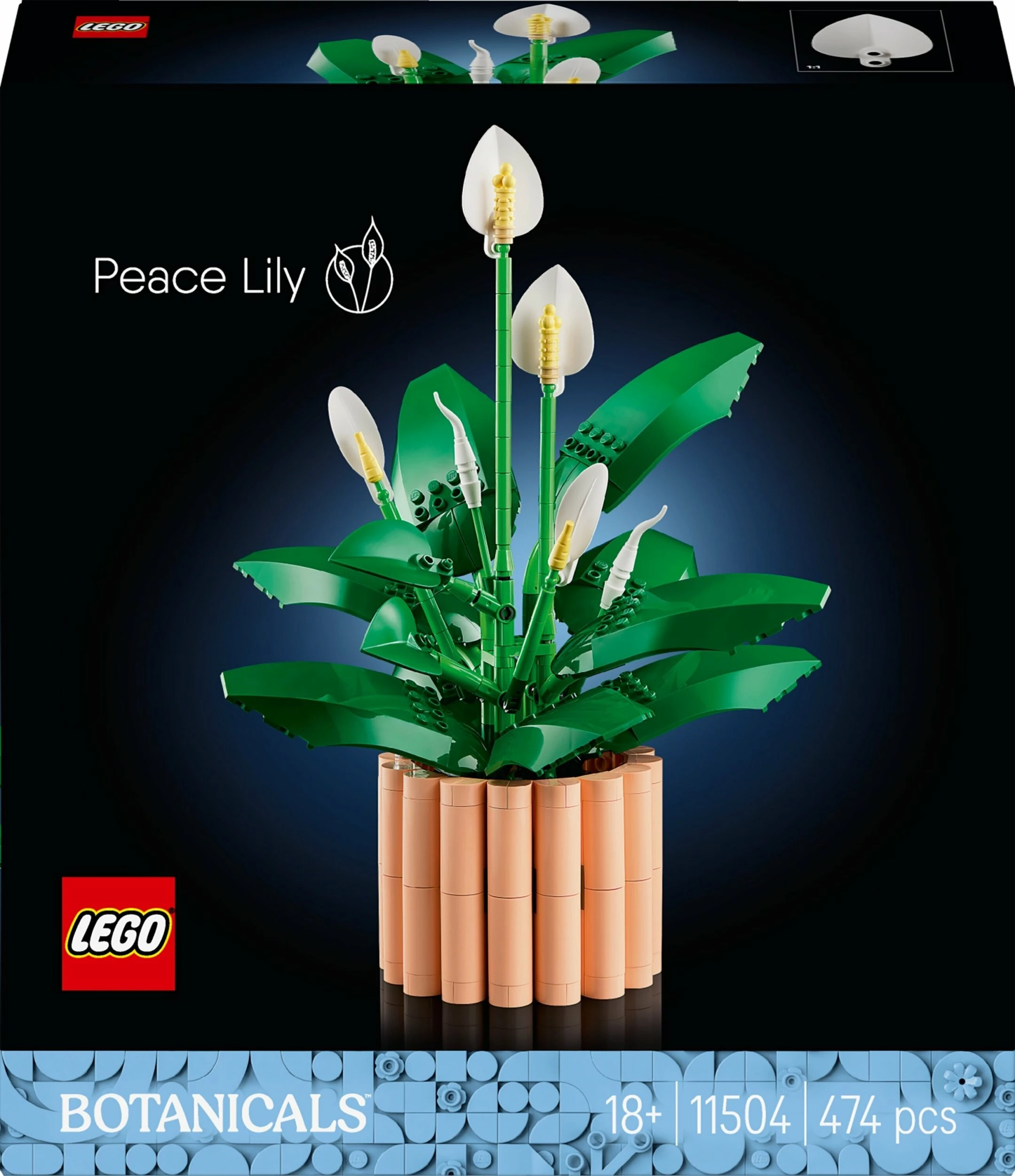 Set ndërtimi LEGO Botanicals Peace Lily 11504, 474 copë, 18+, vazo pjeshkë