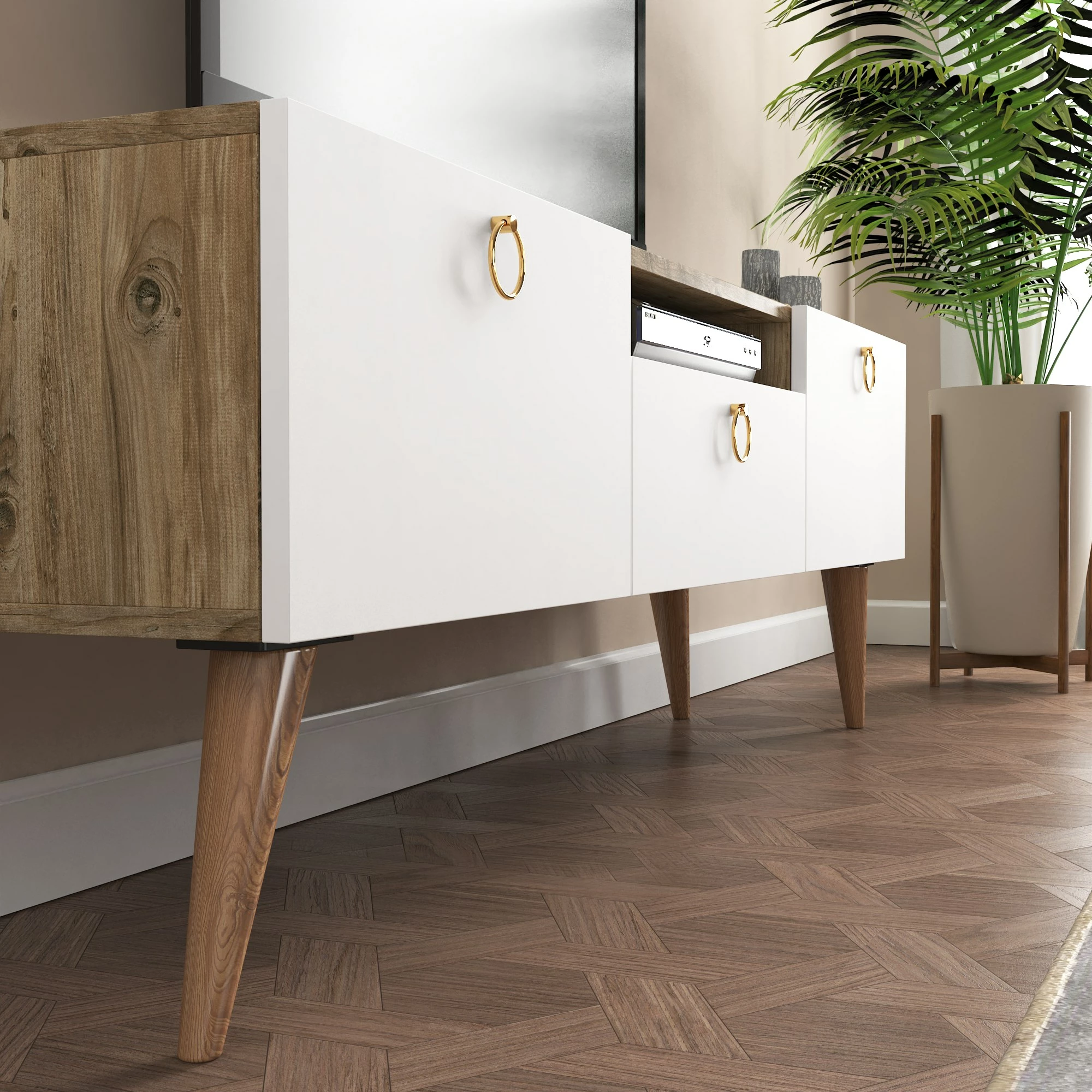 Komodë TV Skye Decor, ngjyrë lis dhe e bardhë, Ece