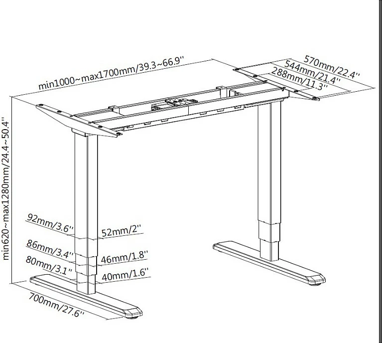 Kornizë tavoline ngritëse EQUIP Dual Motor, elektrike, 100-170 cm, 62-128 cm, 100 kg, e zezë