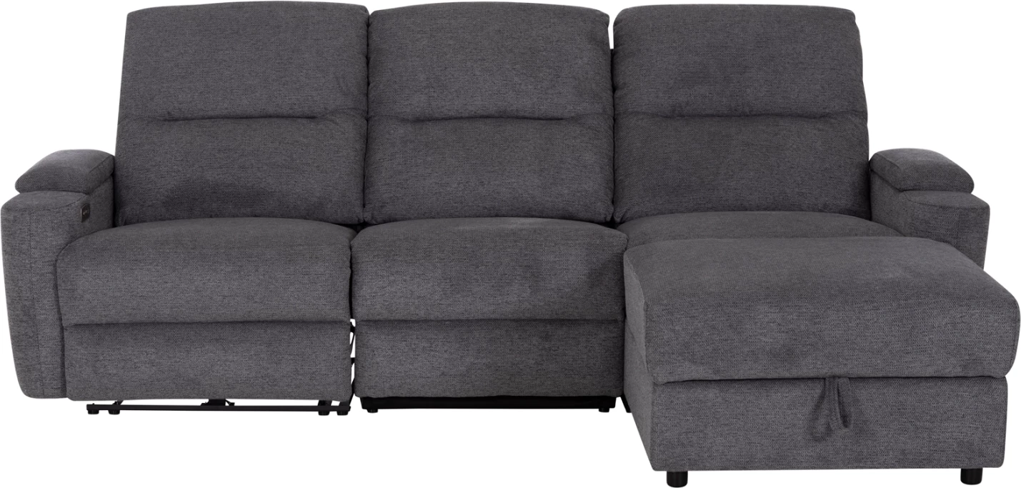 Këndare e djathtë SYNTHIA me recliner elektrik, hapësirë për depo dhe tavolinë, material gri, 246x159x97cm