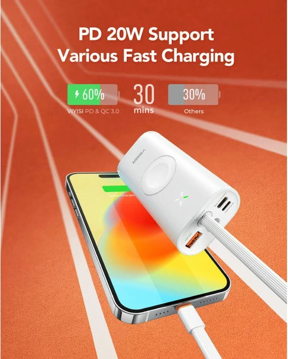 Powerbank VEGER W1162S 10000mAh MagFan me kabllo të integrume Type-C në Lightning, karikues Apple Watch dhe stand, 25W, i bardhë