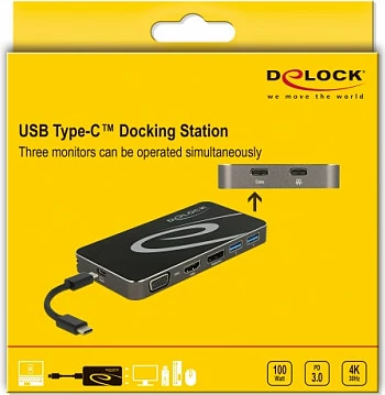 Docking stacion DeLOCK USB-C 3.2, DP/HDMI 4K + VGA, USB Hub, PD 3.0, e zezë