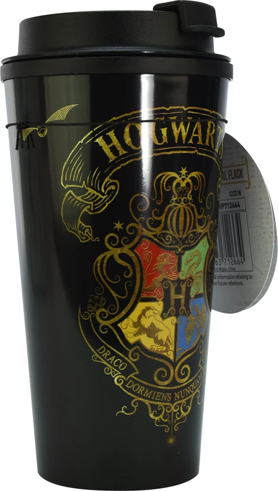 Mug udhëtimi termik BLUE SKY Harry Potter Hogwarts Crest 450 ml, me kapak me vidë, dyfish mur, e zezë