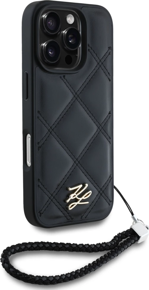 Mbështjellës Karl Lagerfeld Quilted Initial Logo & Chain Strap për iPhone 16 Pro Max, i zi