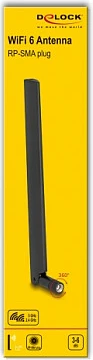 Antenë Wi‑Fi DeLOCK 90677, 6 dBi, Dual‑Band 2.4/5 GHz, RP‑SMA, e zezë