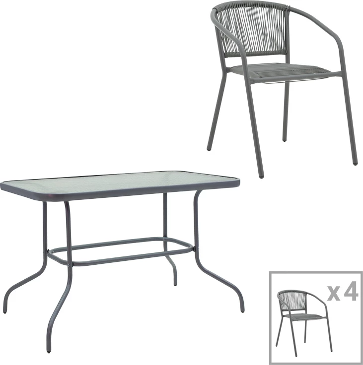 Tavolinë me karrige Valor-Lindaria, set prej 5 pjesësh, metal anthracite-qelq-pe rattan, 110x60x70cm