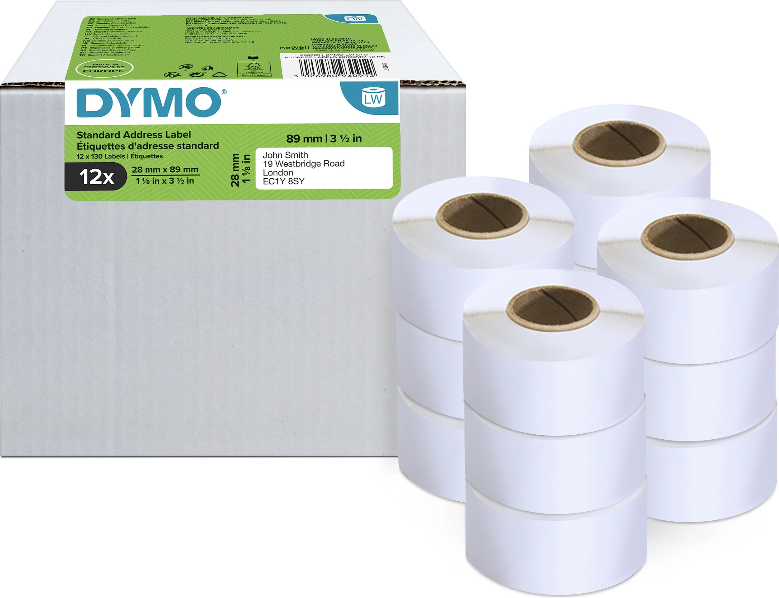 Etiketa adrese Dymo LabelWriter, 28 x 89 mm, 12 rrotulla x 130 etiketa, të bardha