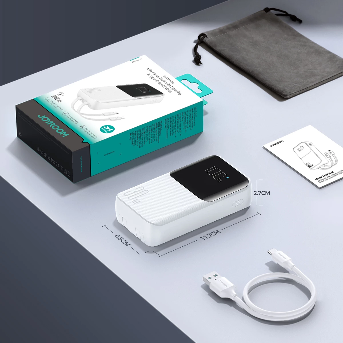 Powerbank Joyroom JR-PBC06, 10000mAh, 30W, me kabllo të integruara, Bardhë