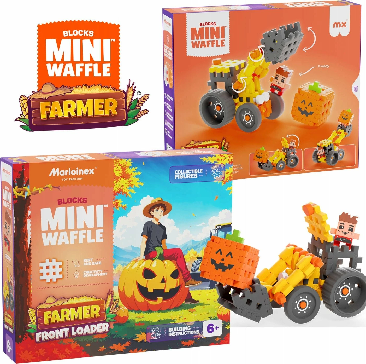 Blloqe ndërtimi Marioinex Mini Waffle Farmer Excavator, 50 elemente