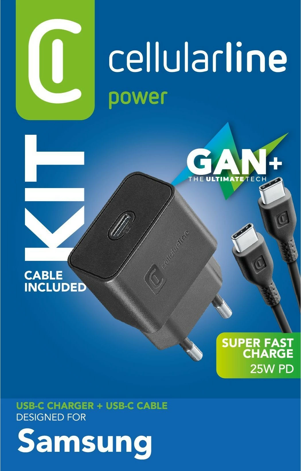 Karikues i shpejtë Cellular Line Super Fast Charger Kit 25W, USB-C në USB-C, 1m, i zi
