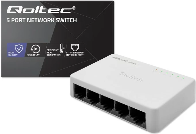 Switch rrjeti Qoltec 52245, 5 porta RJ45, Fast Ethernet, i bardhë