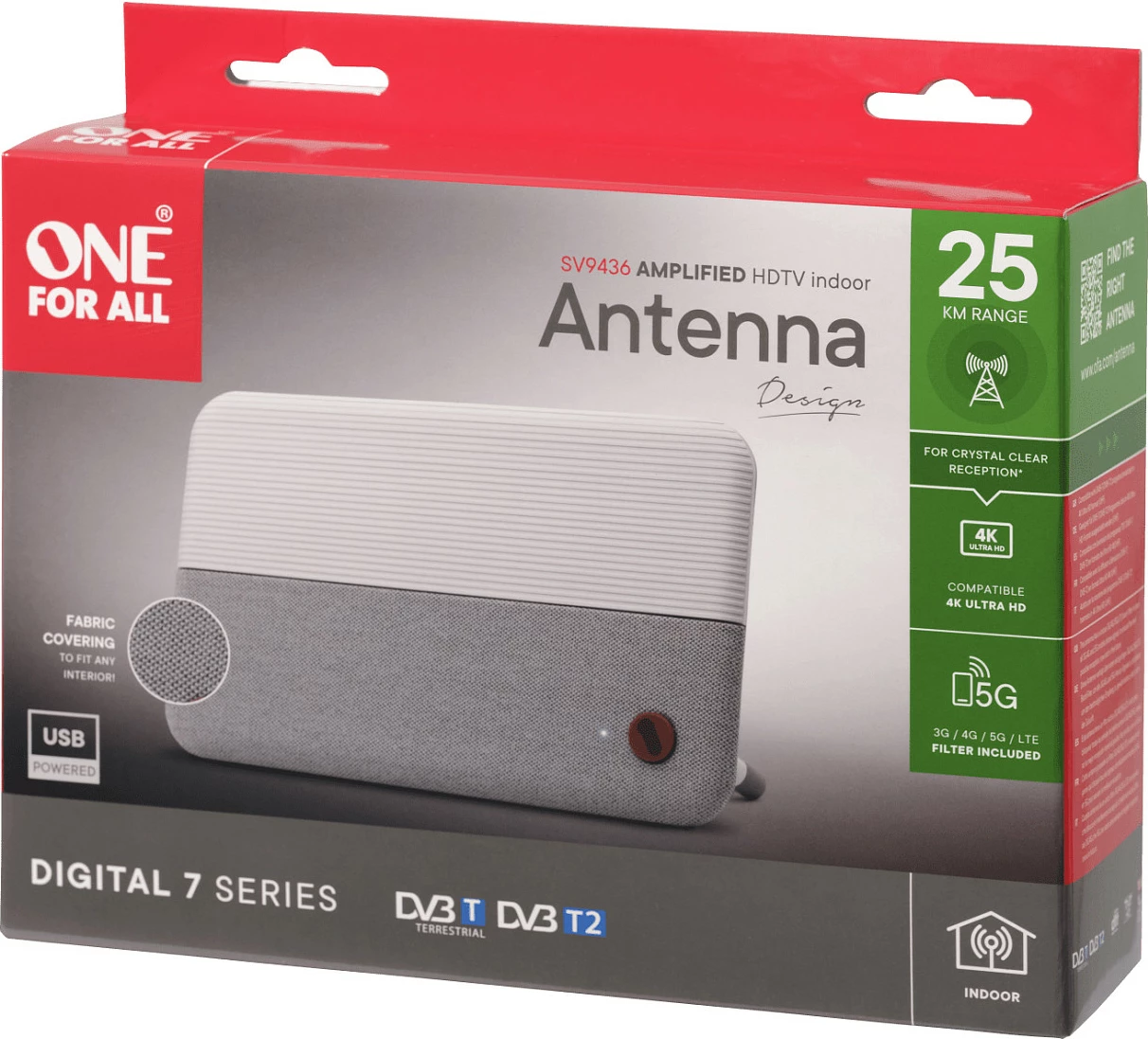 Antenë e brendshme TV One For All SV9436-5G, DVB-T/DVB-T2, filtër 5G/LTE, e bardhë