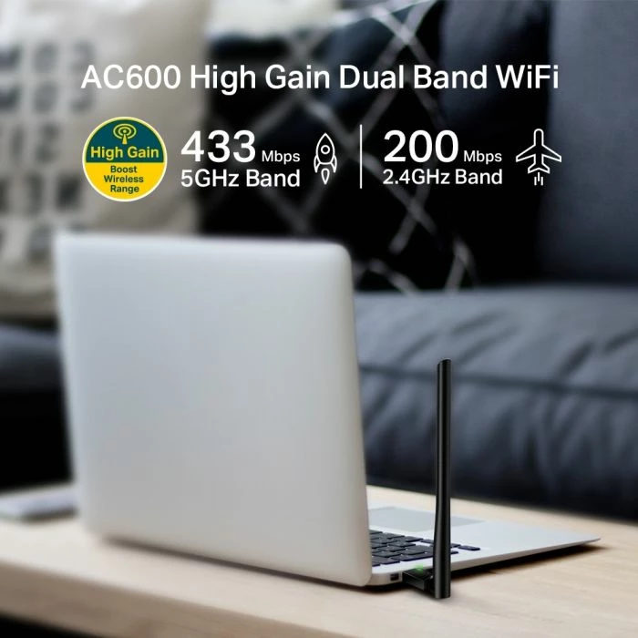 Adapter USB Wi‑Fi TP-LINK Archer T2U Plus 600Mbps Dual Band, antenë 5dBi, i zi