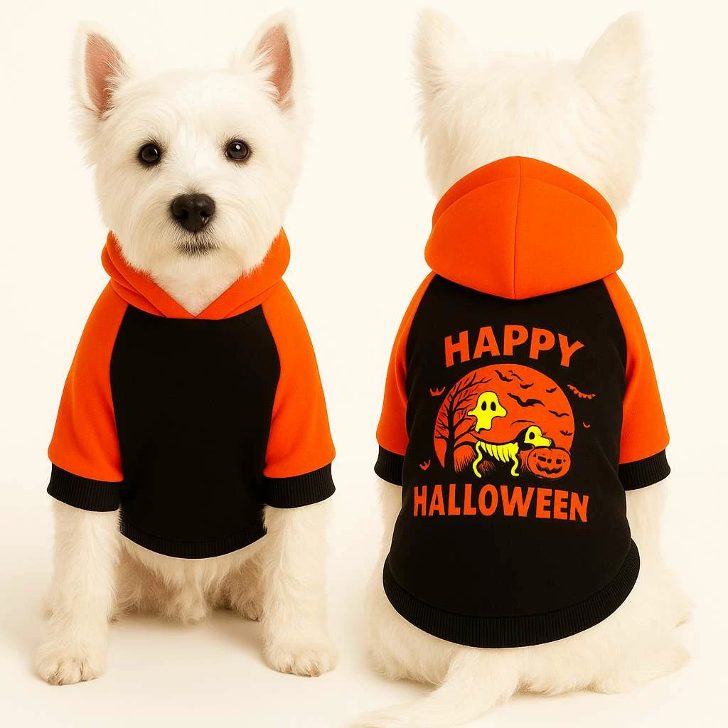 Bluzë me kapuç për qen, Paws & Whiskers, e zezë, Happy Halloween, madhësia S