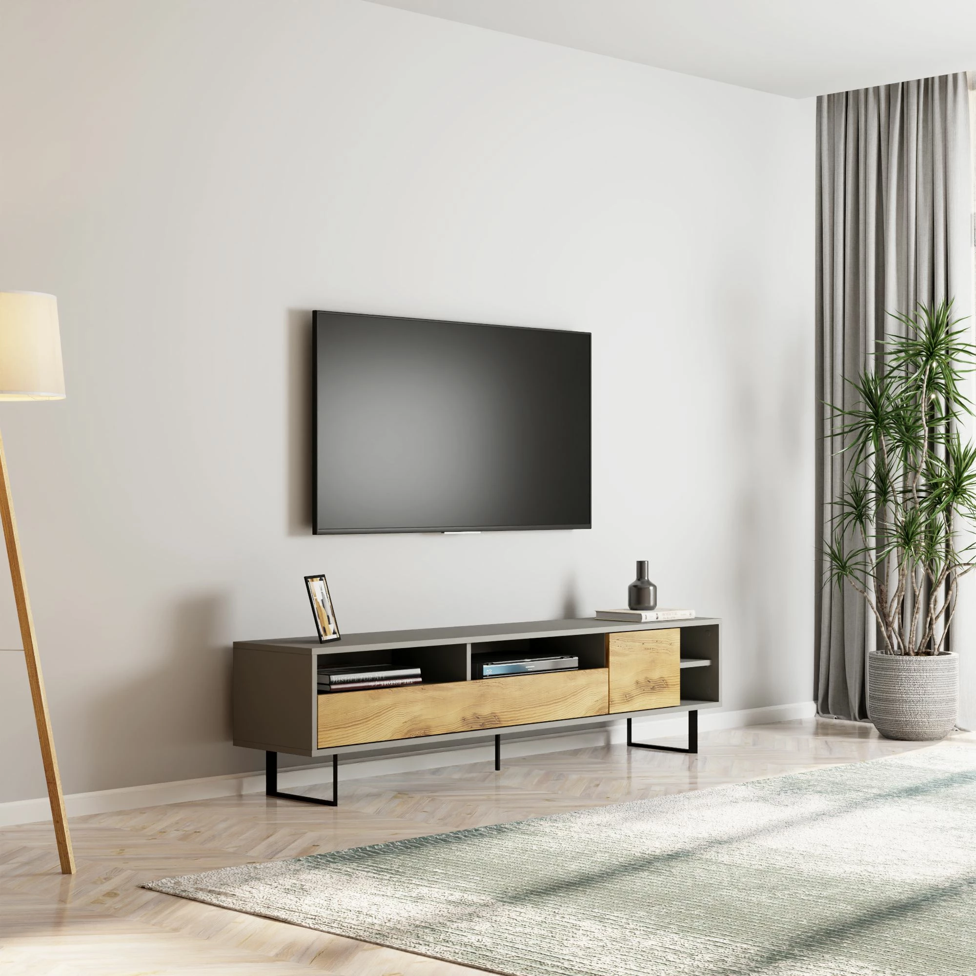 Komodë TV Skye Decor, ngjyrë gri dhe lis, Luga
