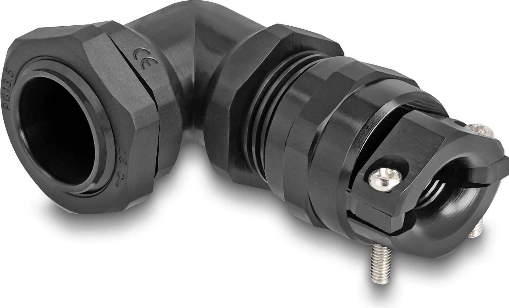 Glandë kablli DeLOCK PG13.5 90°, IP68, për kabllo 6–12 mm, e zezë